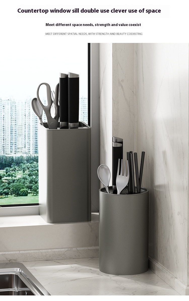 Yimijia Gun Grey Rack Multi Functional Tube Countertop Kitchen Knife Holder Chopstick Cage Integrated Storage Box_voghion.com