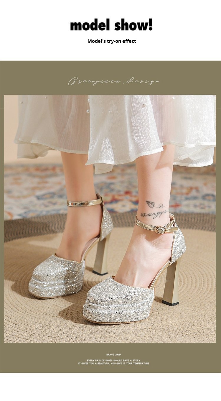 ShoeVault Round Toe Chunky Heel Glitter Waterproof Platform One Strap Mary Jane Lolita Hollow Dress Shoes High Heels For Women_voghion.com