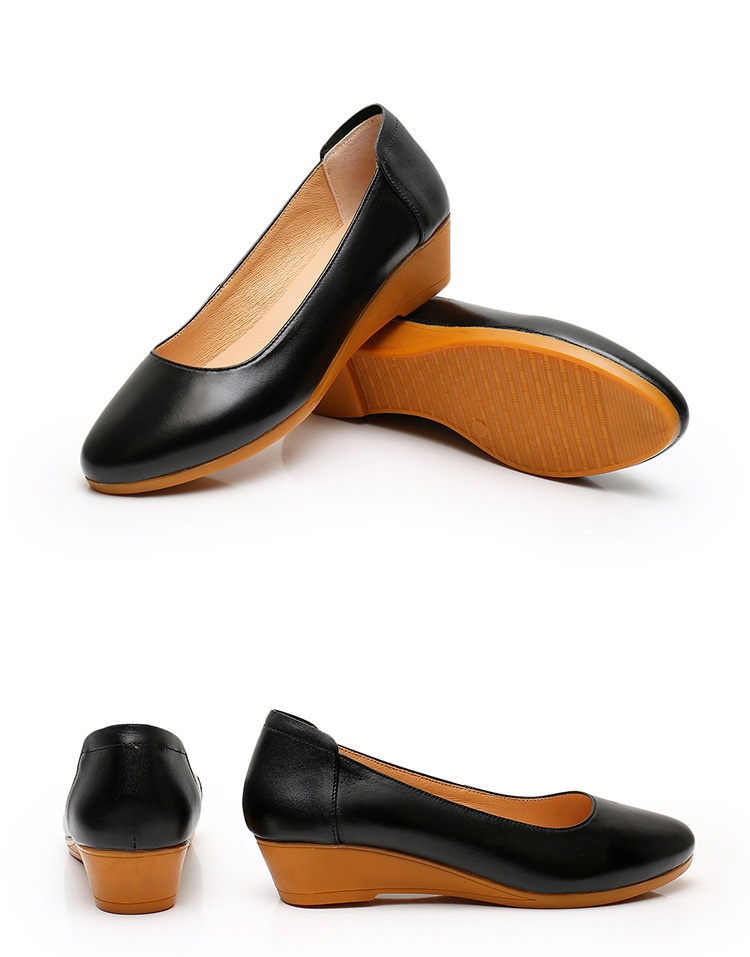 ShoeVault Cowhide Round Toe Slip-On Women's Versatile High Heel Wedge Single Shoes Thick Sole Waterproof Platform Formal Work_voghion.com