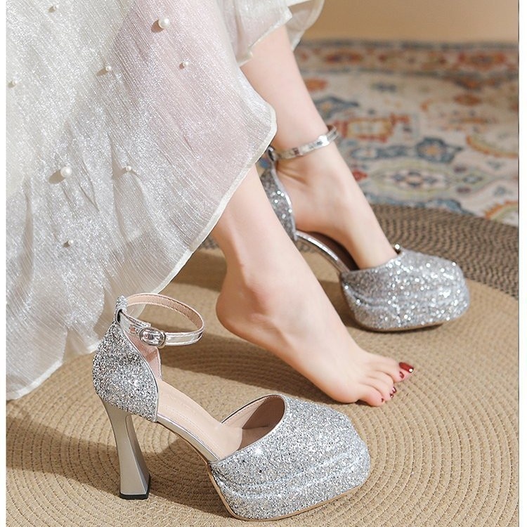 ShoeVault Round Toe Chunky Heel Glitter Waterproof Platform One Strap Mary Jane Lolita Hollow Dress Shoes High Heels For Women_voghion.com