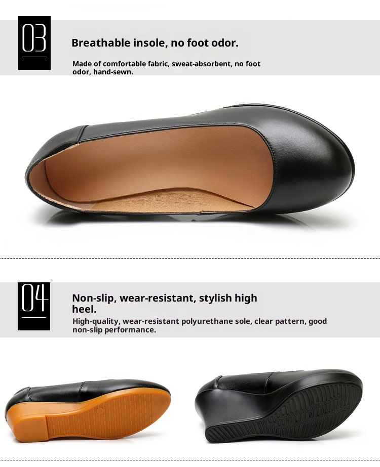 ShoeVault Cowhide Round Toe Slip-On Women's Versatile High Heel Wedge Single Shoes Thick Sole Waterproof Platform Formal Work_voghion.com