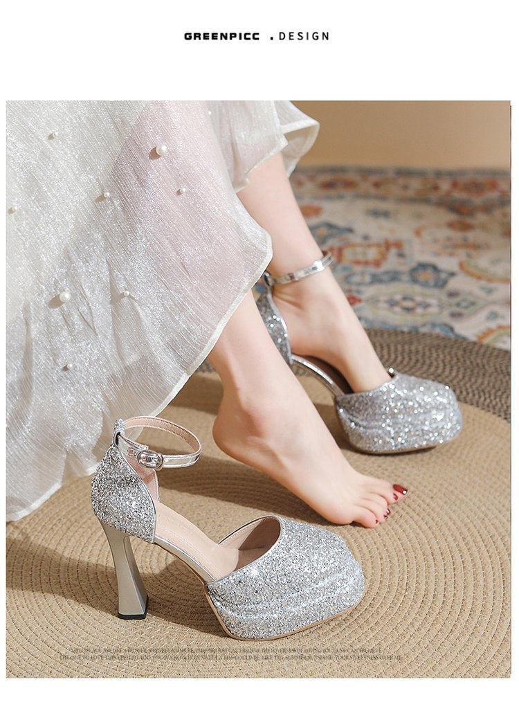 ShoeVault Round Toe Chunky Heel Glitter Waterproof Platform One Strap Mary Jane Lolita Hollow Dress Shoes High Heels For Women_voghion.com