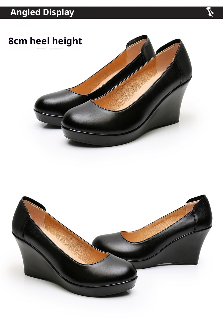 ShoeVault Cowhide Round Toe Slip-On Women's Versatile High Heel Wedge Single Shoes Thick Sole Waterproof Platform Formal Work_voghion.com