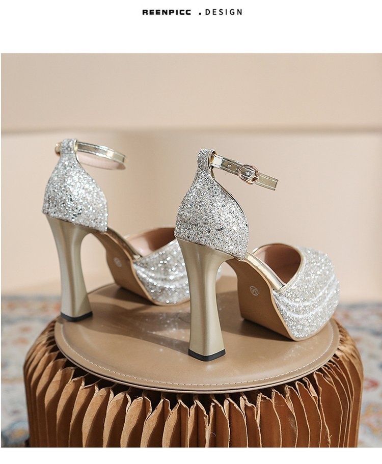 ShoeVault Round Toe Chunky Heel Glitter Waterproof Platform One Strap Mary Jane Lolita Hollow Dress Shoes High Heels For Women_voghion.com