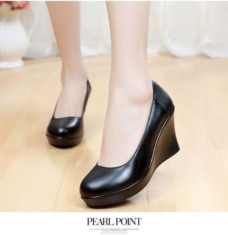 ShoeVault Cowhide Round Toe Slip-On Women's Versatile High Heel Wedge Single Shoes Thick Sole Waterproof Platform Formal Work_voghion.com