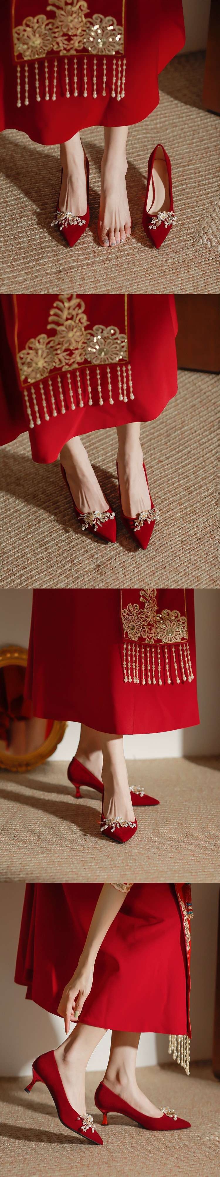 Chaussures de mariée rouges pour femme, idéales avec une robe Xiuhe, réversibles, fines et élégantes, collection 2025, style maternité._voghion.com