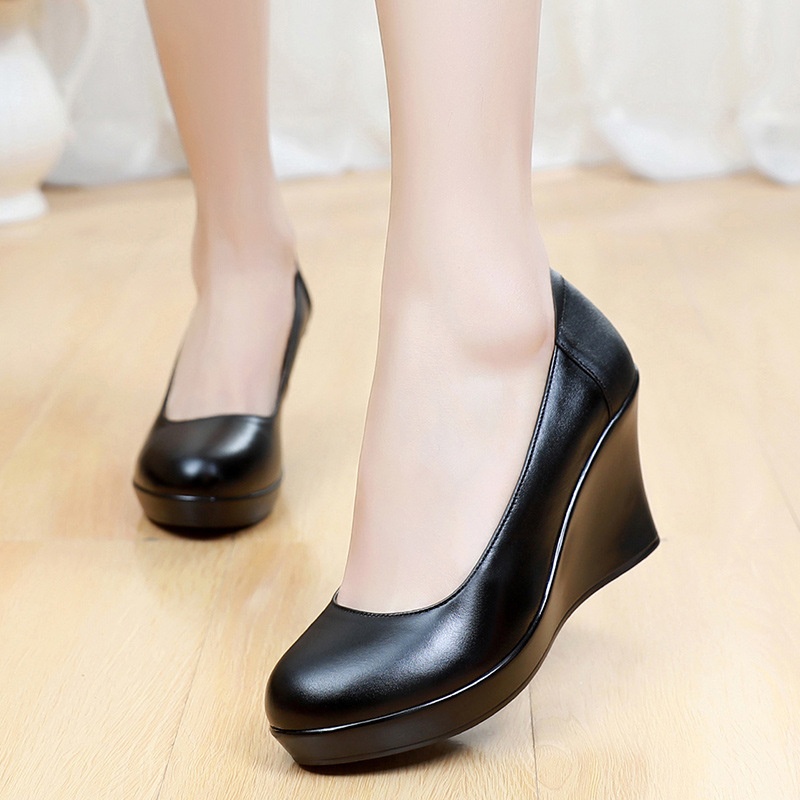 ShoeVault Cowhide Round Toe Slip-On Women's Versatile High Heel Wedge Single Shoes Thick Sole Waterproof Platform Formal Work_voghion.com