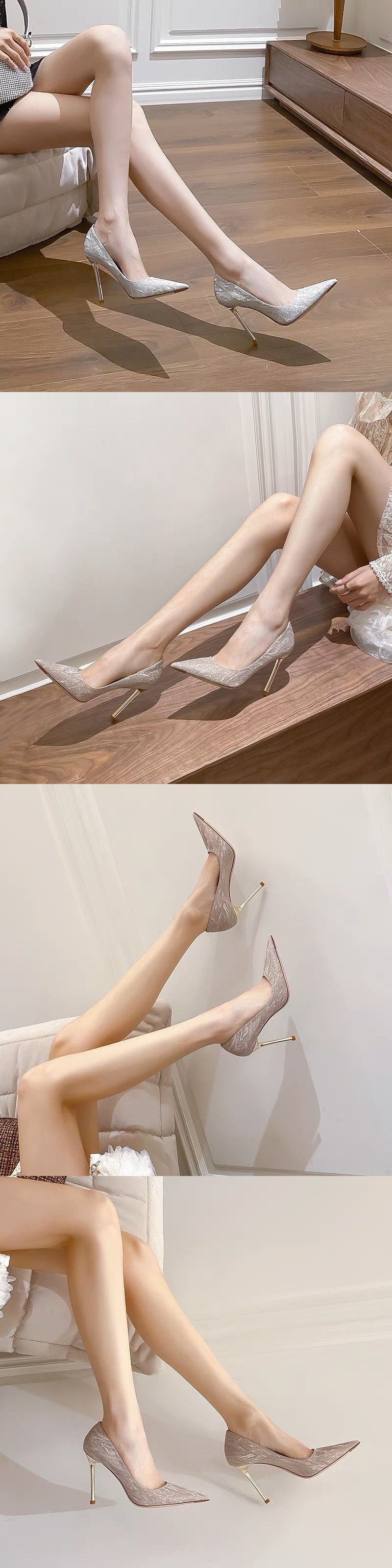 Glänzende champagnerfarbene High Heels für Damen, Stiletto, neuer koreanischer Stil 2024, funkelnde Strasssteine, Abendkleid Hochzeit_voghion.com