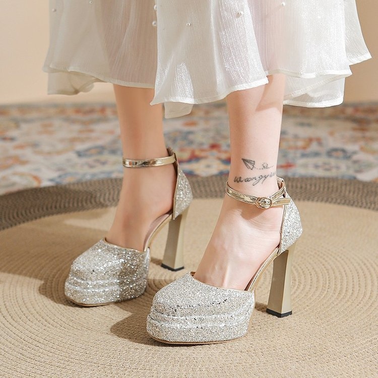 ShoeVault Round Toe Chunky Heel Glitter Waterproof Platform One Strap Mary Jane Lolita Hollow Dress Shoes High Heels For Women_voghion.com