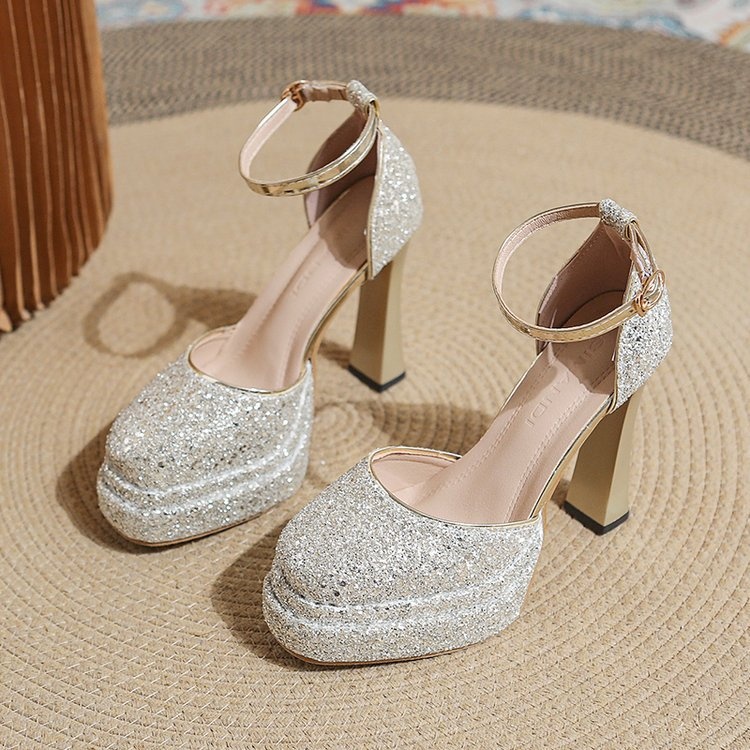 ShoeVault Round Toe Chunky Heel Glitter Waterproof Platform One Strap Mary Jane Lolita Hollow Dress Shoes High Heels For Women_voghion.com