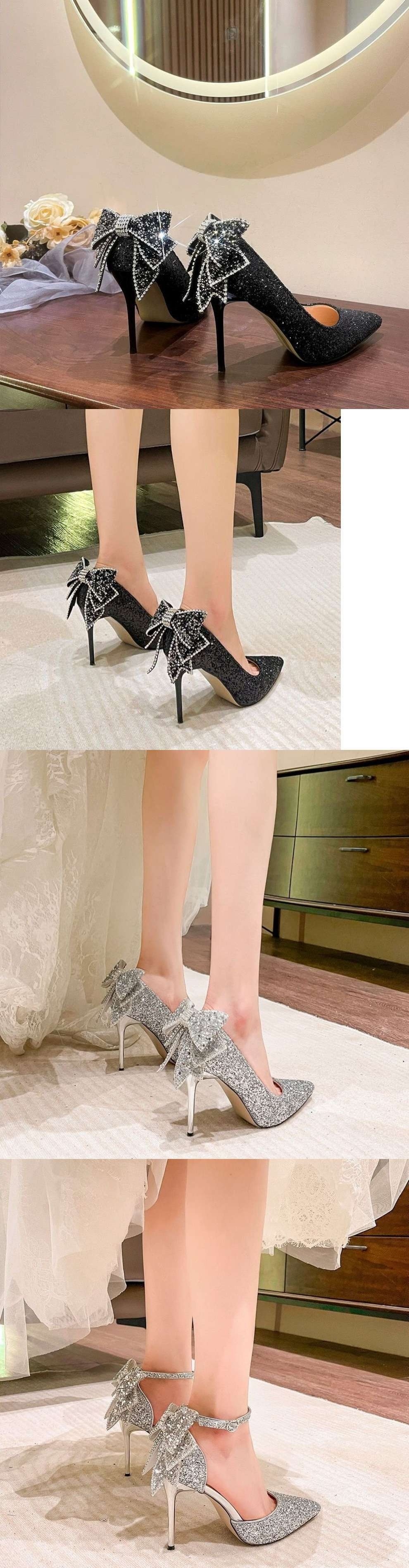 Scarpe con tacco alto in cristallo argento ShoeVault per donna, tacco sottile, elegante abito da sposa con fiocco per cerimonia di passaggio all'età adulta di 18 anni, bidirezionale_voghion.com