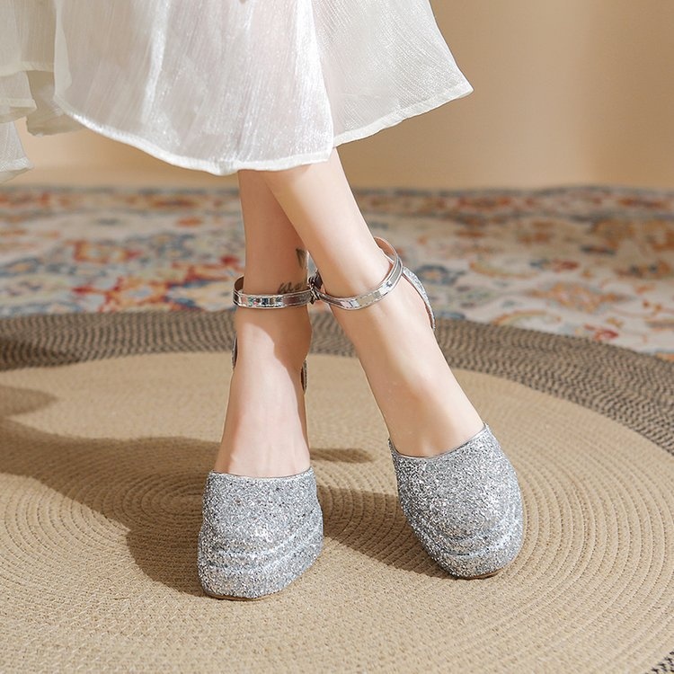 ShoeVault Round Toe Chunky Heel Glitter Waterproof Platform One Strap Mary Jane Lolita Hollow Dress Shoes High Heels For Women_voghion.com