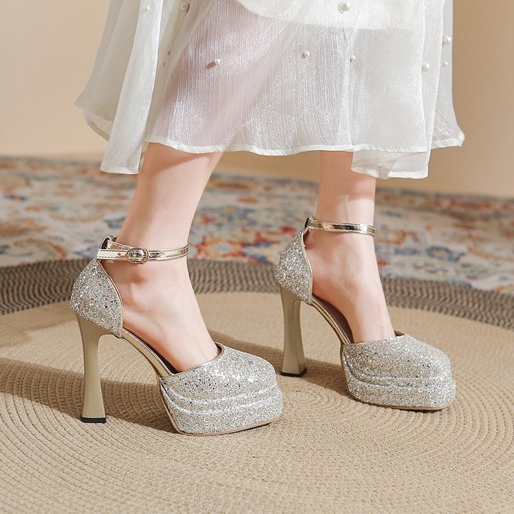 ShoeVault Round Toe Chunky Heel Glitter Waterproof Platform One Strap Mary Jane Lolita Hollow Dress Shoes High Heels For Women_voghion.com