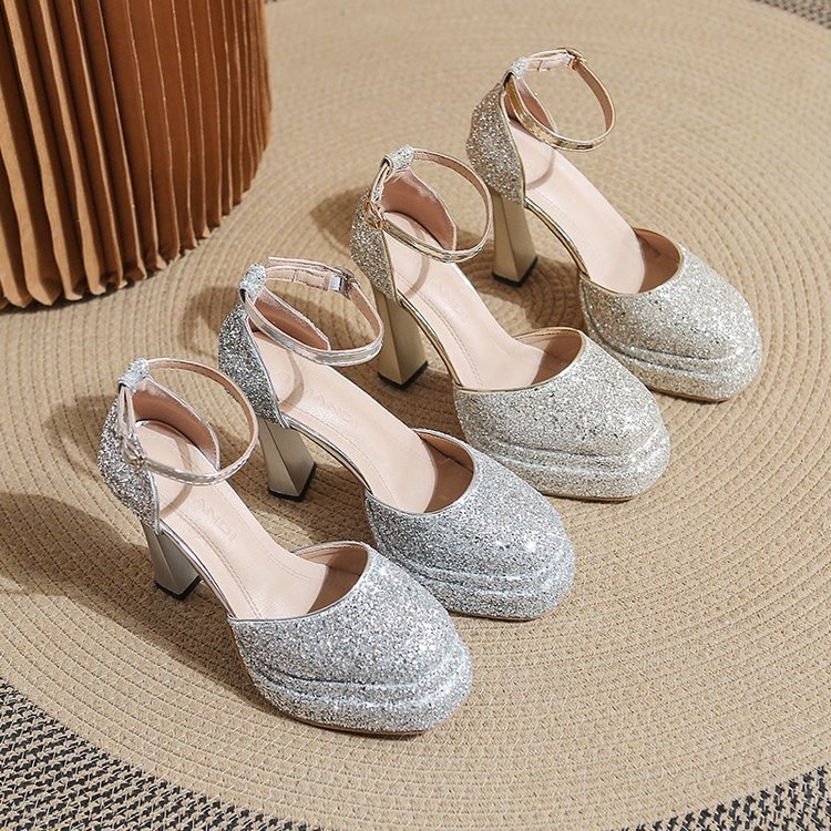 ShoeVault Round Toe Chunky Heel Glitter Waterproof Platform One Strap Mary Jane Lolita Hollow Dress Shoes High Heels For Women_voghion.com