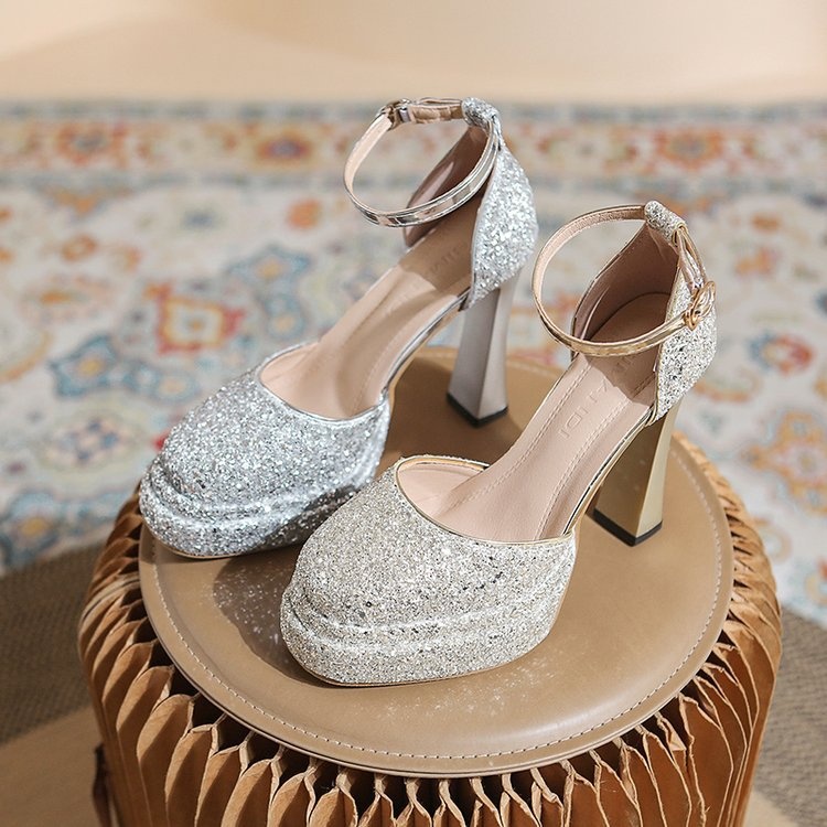 ShoeVault Round Toe Chunky Heel Glitter Waterproof Platform One Strap Mary Jane Lolita Hollow Dress Shoes High Heels For Women_voghion.com