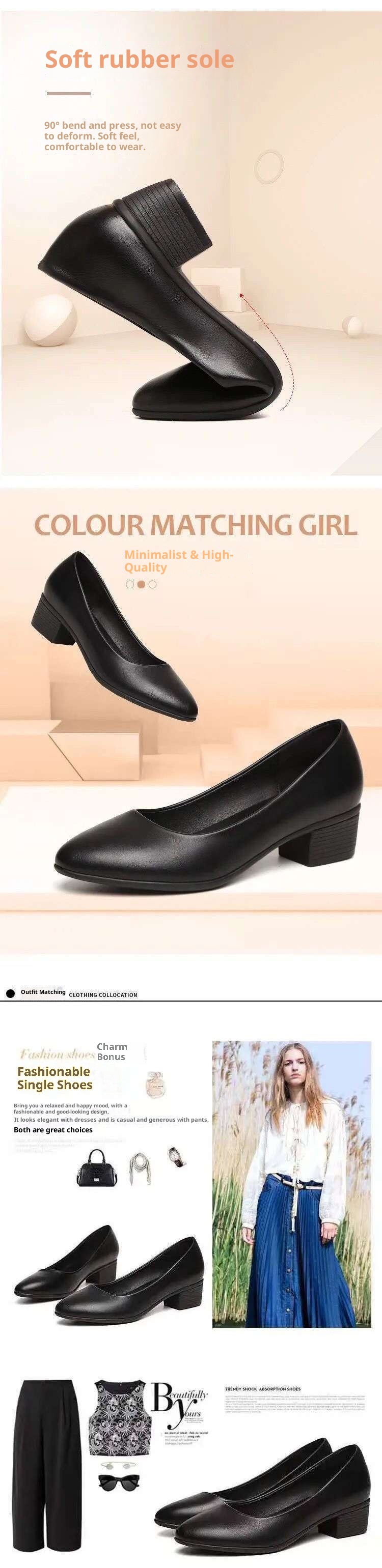 Chaussures de travail noires à semelle souple, élégantes et professionnelles, en cuir antidérapant, idéales pour les entretiens d'embauche, le bureau et les déplacements. Talon 7/8 en cuir, confortables et antidérapantes._voghion.com