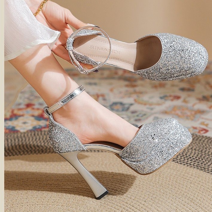 ShoeVault Round Toe Chunky Heel Glitter Waterproof Platform One Strap Mary Jane Lolita Hollow Dress Shoes High Heels For Women_voghion.com