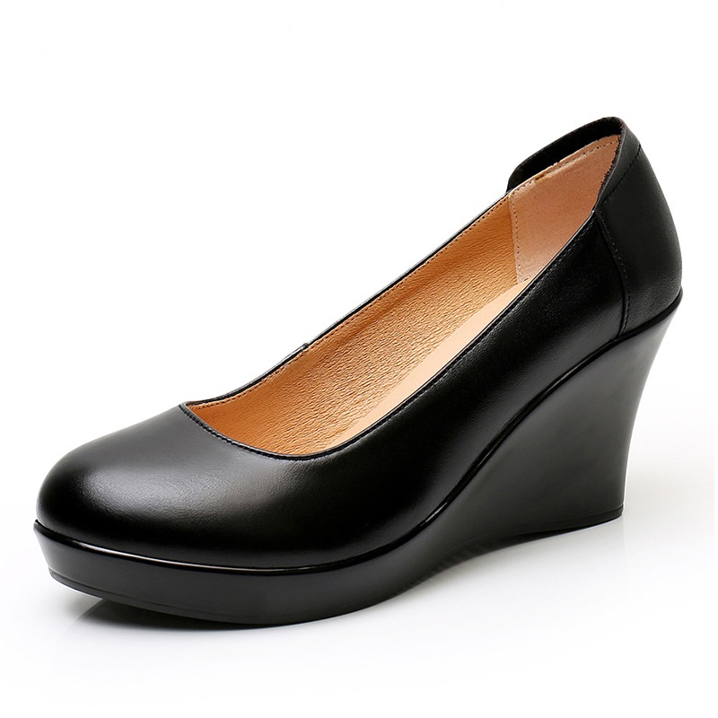 ShoeVault Cowhide Round Toe Slip-On Women's Versatile High Heel Wedge Single Shoes Thick Sole Waterproof Platform Formal Work_voghion.com