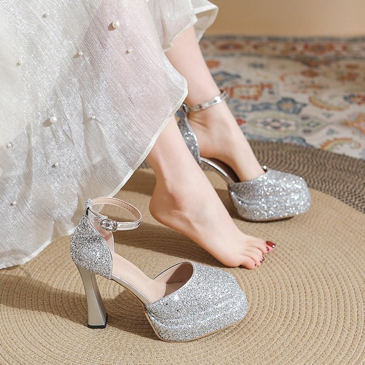 ShoeVault Round Toe Chunky Heel Glitter Waterproof Platform One Strap Mary Jane Lolita Hollow Dress Shoes High Heels For Women_voghion.com