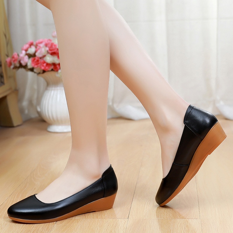ShoeVault Cowhide Round Toe Slip-On Women's Versatile High Heel Wedge Single Shoes Thick Sole Waterproof Platform Formal Work_voghion.com
