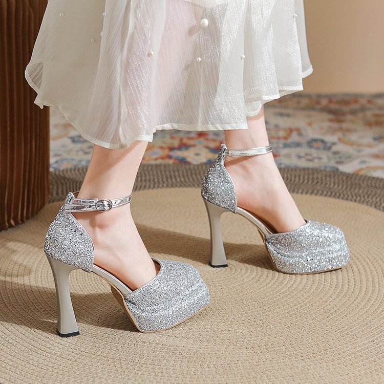 ShoeVault Round Toe Chunky Heel Glitter Waterproof Platform One Strap Mary Jane Lolita Hollow Dress Shoes High Heels For Women_voghion.com