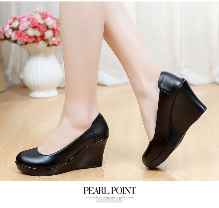 ShoeVault Cowhide Round Toe Slip-On Women's Versatile High Heel Wedge Single Shoes Thick Sole Waterproof Platform Formal Work_voghion.com