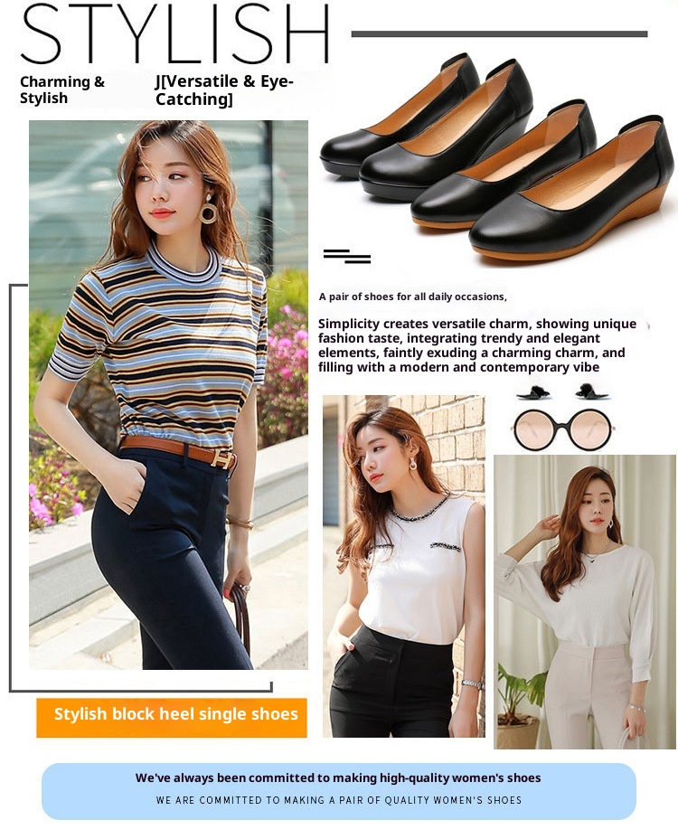 ShoeVault Cowhide Round Toe Slip-On Women's Versatile High Heel Wedge Single Shoes Thick Sole Waterproof Platform Formal Work_voghion.com