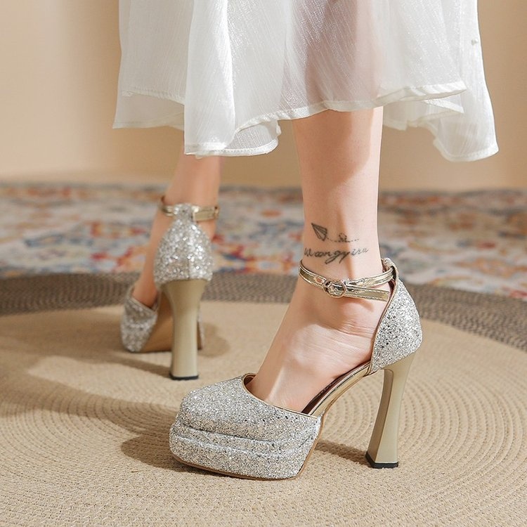 ShoeVault Round Toe Chunky Heel Glitter Waterproof Platform One Strap Mary Jane Lolita Hollow Dress Shoes High Heels For Women_voghion.com