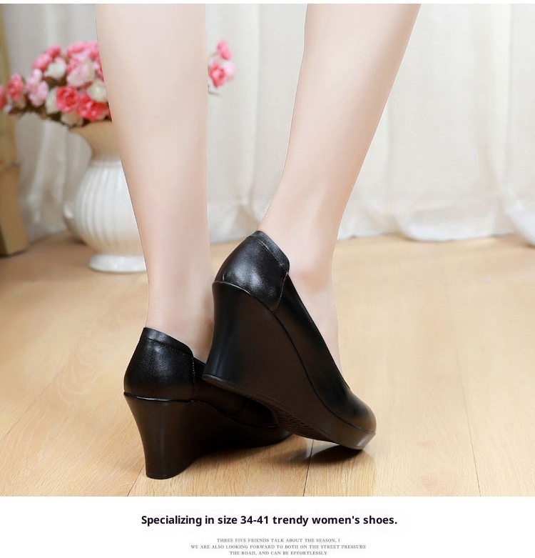 ShoeVault Cowhide Round Toe Slip-On Women's Versatile High Heel Wedge Single Shoes Thick Sole Waterproof Platform Formal Work_voghion.com