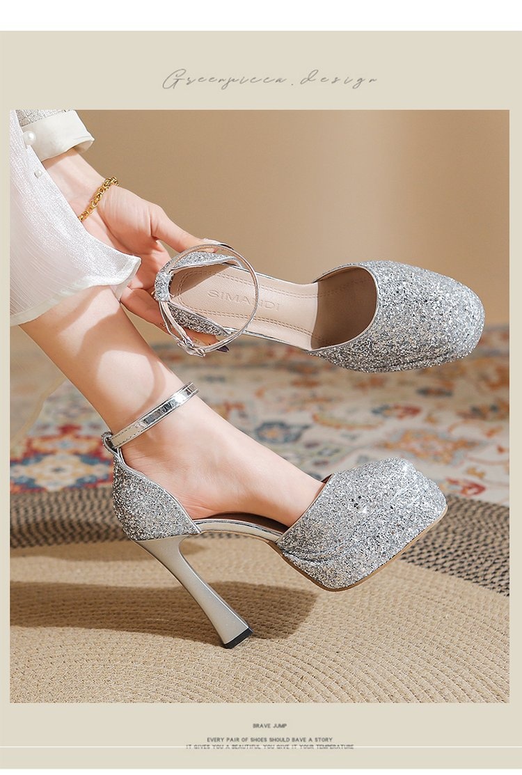ShoeVault Round Toe Chunky Heel Glitter Waterproof Platform One Strap Mary Jane Lolita Hollow Dress Shoes High Heels For Women_voghion.com