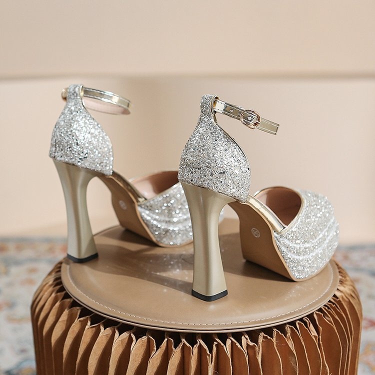 ShoeVault Round Toe Chunky Heel Glitter Waterproof Platform One Strap Mary Jane Lolita Hollow Dress Shoes High Heels For Women_voghion.com