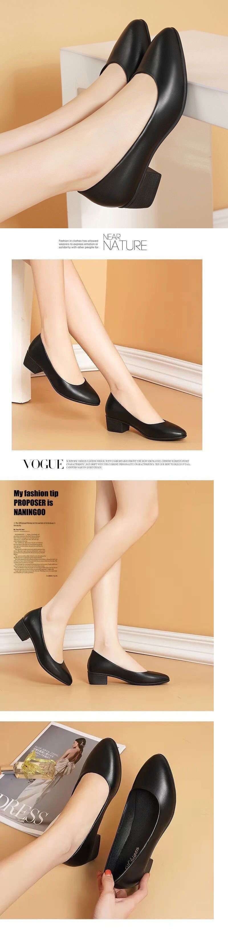 Chaussures de travail noires à semelle souple, élégantes et professionnelles, en cuir antidérapant, idéales pour les entretiens d'embauche, le bureau et les déplacements. Talon 7/8 en cuir, confortables et antidérapantes._voghion.com