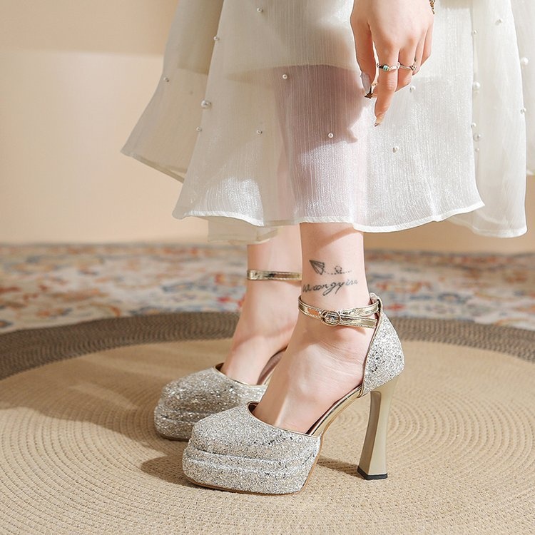 ShoeVault Round Toe Chunky Heel Glitter Waterproof Platform One Strap Mary Jane Lolita Hollow Dress Shoes High Heels For Women_voghion.com