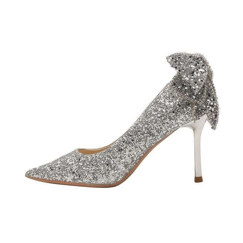 Scarpe con tacco alto in cristallo argento ShoeVault per donna, tacco sottile, elegante abito da sposa con fiocco per cerimonia di passaggio all'età adulta di 18 anni, bidirezionale_voghion.com