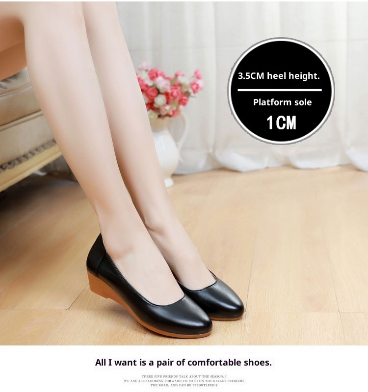 ShoeVault Cowhide Round Toe Slip-On Women's Versatile High Heel Wedge Single Shoes Thick Sole Waterproof Platform Formal Work_voghion.com