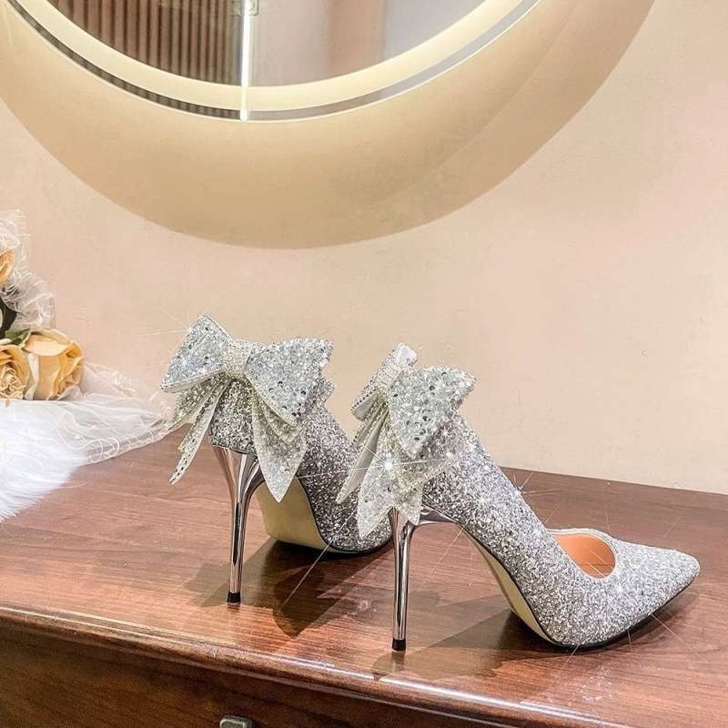 Scarpe con tacco alto in cristallo argento ShoeVault per donna, tacco sottile, elegante abito da sposa con fiocco per cerimonia di passaggio all'età adulta di 18 anni, bidirezionale_voghion.com