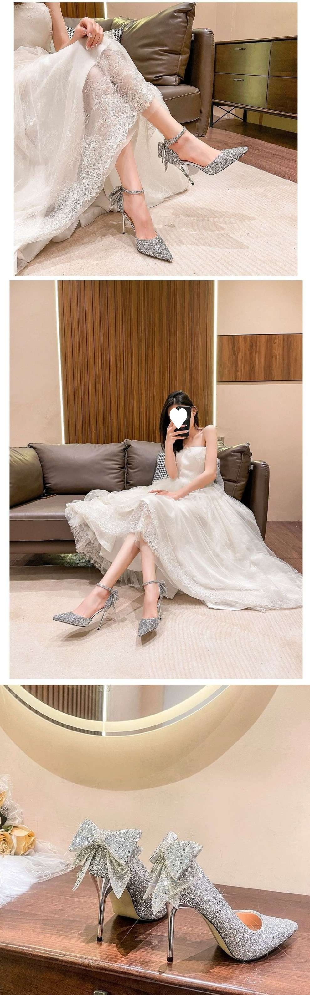 Scarpe con tacco alto in cristallo argento ShoeVault per donna, tacco sottile, elegante abito da sposa con fiocco per cerimonia di passaggio all'età adulta di 18 anni, bidirezionale_voghion.com