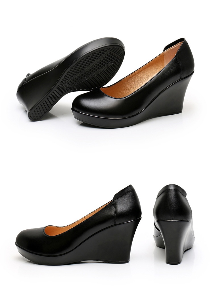 ShoeVault Cowhide Round Toe Slip-On Women's Versatile High Heel Wedge Single Shoes Thick Sole Waterproof Platform Formal Work_voghion.com