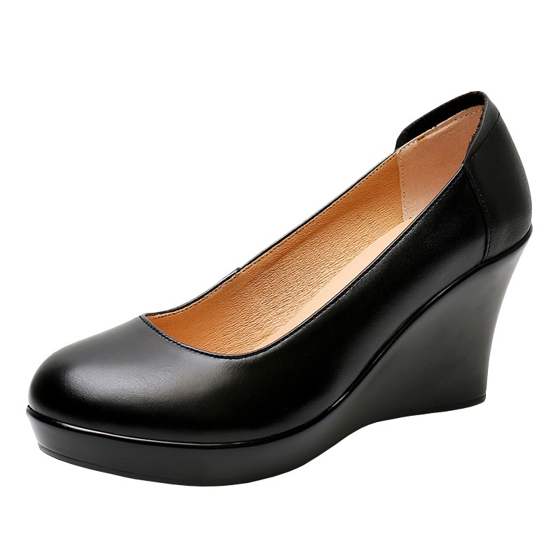 ShoeVault Cowhide Round Toe Slip-On Women's Versatile High Heel Wedge Single Shoes Thick Sole Waterproof Platform Formal Work_voghion.com