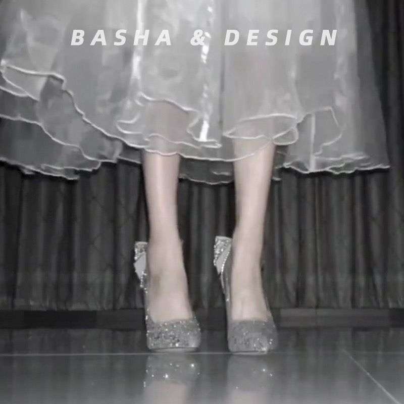Scarpe con tacco alto in cristallo argento ShoeVault per donna, tacco sottile, elegante abito da sposa con fiocco per cerimonia di passaggio all'età adulta di 18 anni, bidirezionale_voghion.com