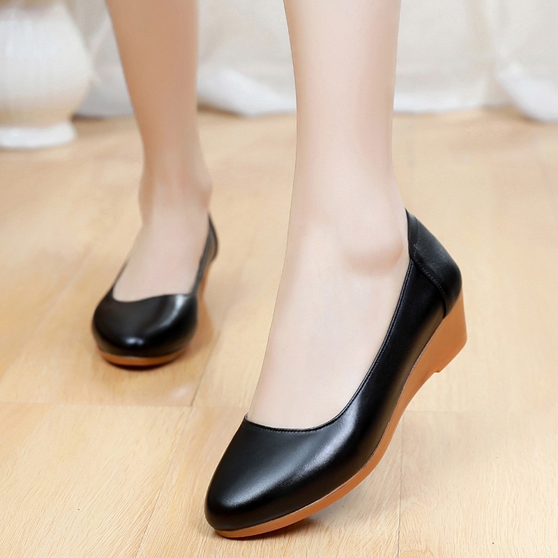 ShoeVault Cowhide Round Toe Slip-On Women's Versatile High Heel Wedge Single Shoes Thick Sole Waterproof Platform Formal Work_voghion.com