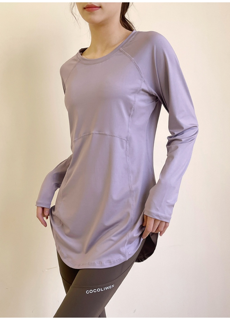T-shirt de sport respirant à manches longues, idéal pour le printemps et l'été, couvrant les hanches et amincissant le dos, parfait pour le yoga, la course à pied et le fitness._voghion.com