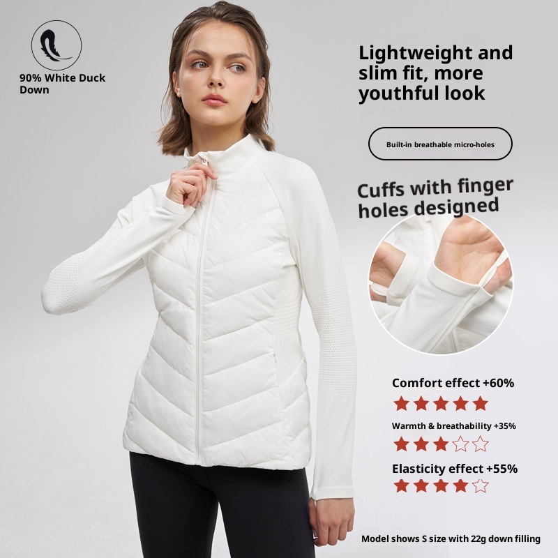 Giacca sportiva da donna in piumino d'anatra bianca, aderente, calda, a maniche lunghe, per yoga, corsa, all'aperto, autunno inverno_voghion.com