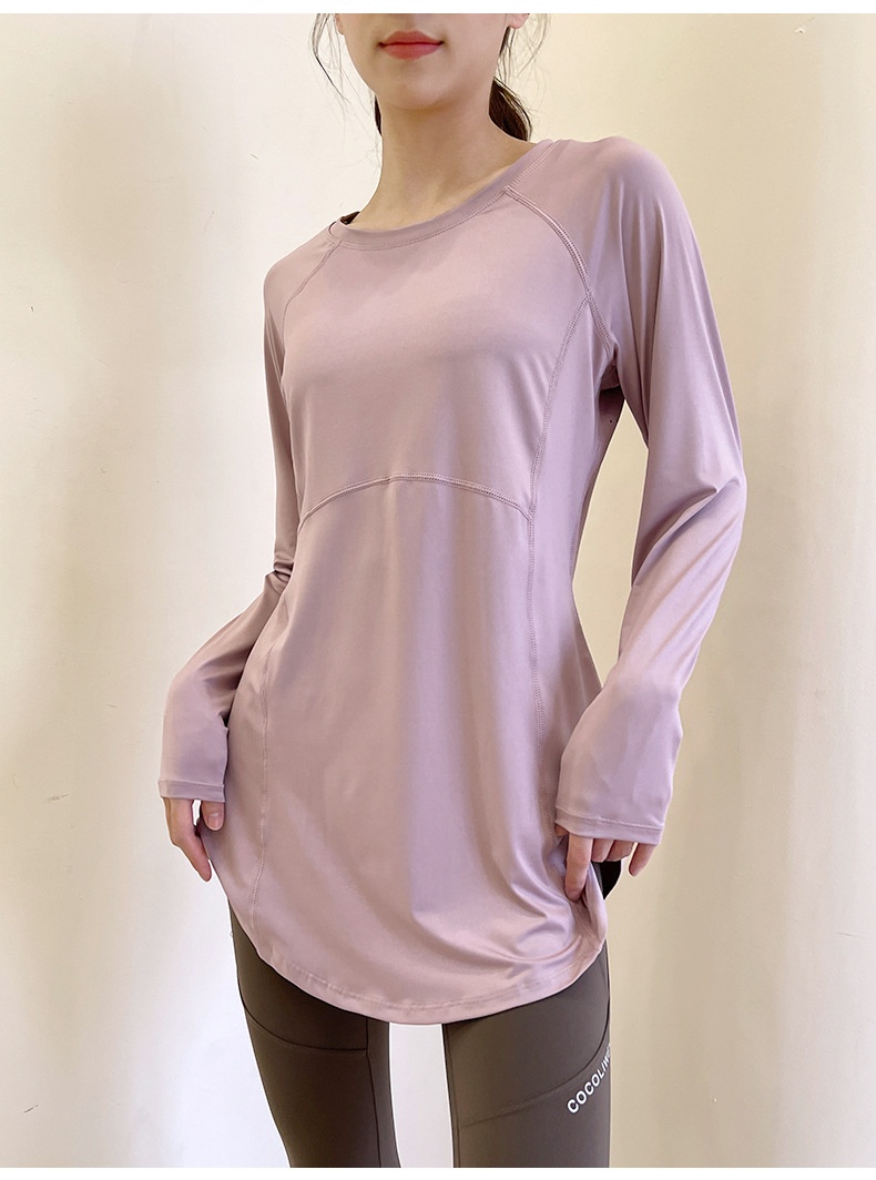 T-shirt de sport respirant à manches longues, idéal pour le printemps et l'été, couvrant les hanches et amincissant le dos, parfait pour le yoga, la course à pied et le fitness._voghion.com