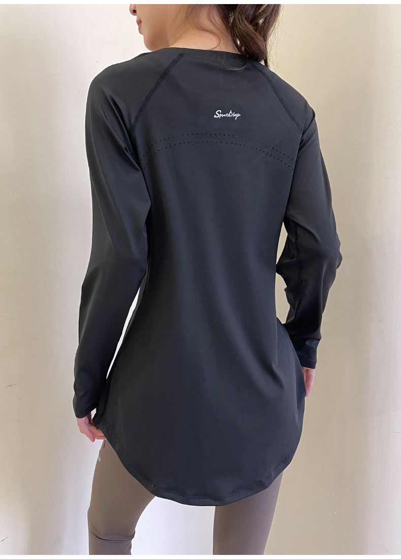 T-shirt de sport respirant à manches longues, idéal pour le printemps et l'été, couvrant les hanches et amincissant le dos, parfait pour le yoga, la course à pied et le fitness._voghion.com