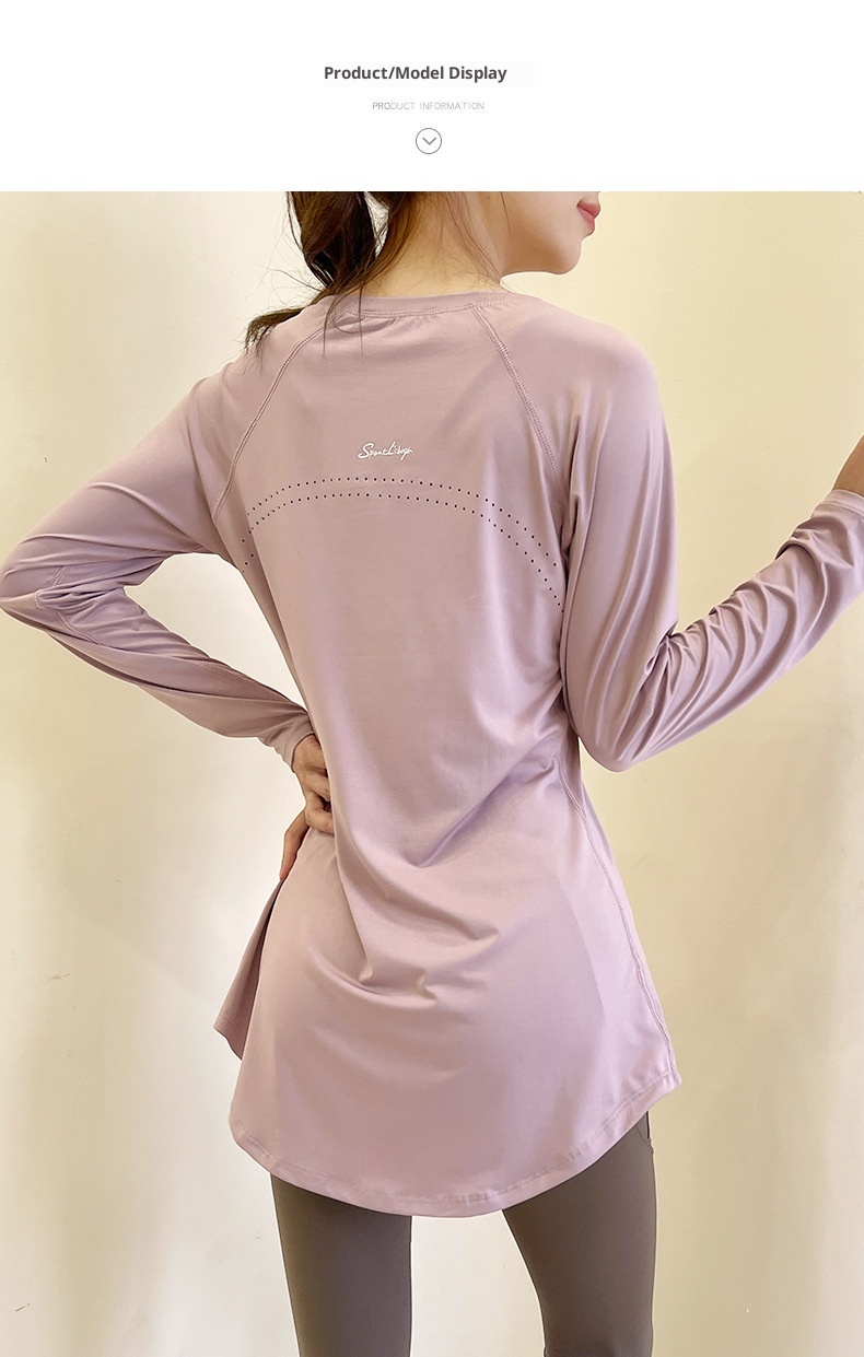 T-shirt de sport respirant à manches longues, idéal pour le printemps et l'été, couvrant les hanches et amincissant le dos, parfait pour le yoga, la course à pied et le fitness._voghion.com