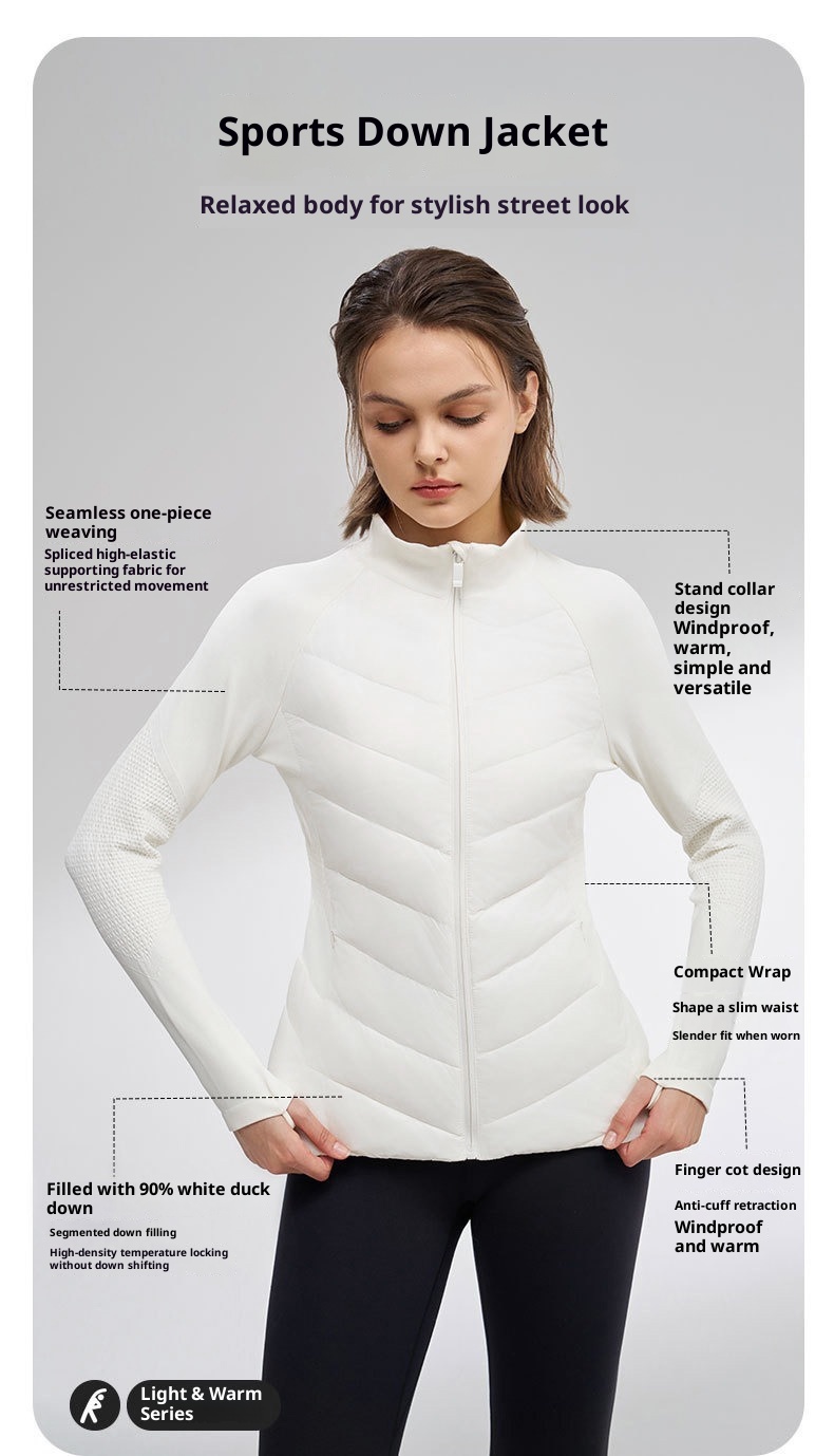 Giacca sportiva da donna in piumino d'anatra bianca, aderente, calda, a maniche lunghe, per yoga, corsa, all'aperto, autunno inverno_voghion.com