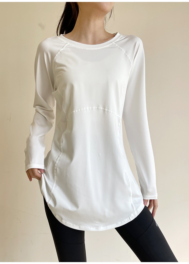 T-shirt de sport respirant à manches longues, idéal pour le printemps et l'été, couvrant les hanches et amincissant le dos, parfait pour le yoga, la course à pied et le fitness._voghion.com