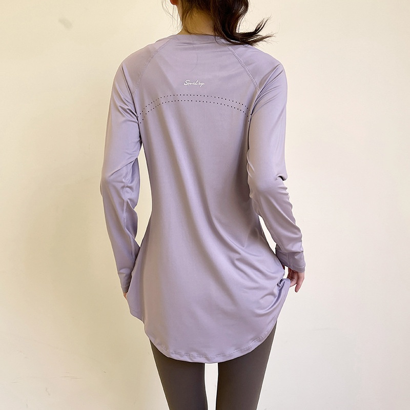 T-shirt de sport respirant à manches longues, idéal pour le printemps et l'été, couvrant les hanches et amincissant le dos, parfait pour le yoga, la course à pied et le fitness._voghion.com