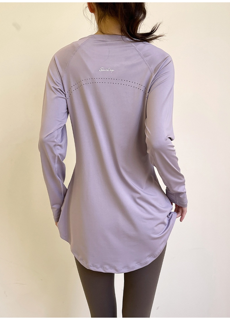 T-shirt de sport respirant à manches longues, idéal pour le printemps et l'été, couvrant les hanches et amincissant le dos, parfait pour le yoga, la course à pied et le fitness._voghion.com